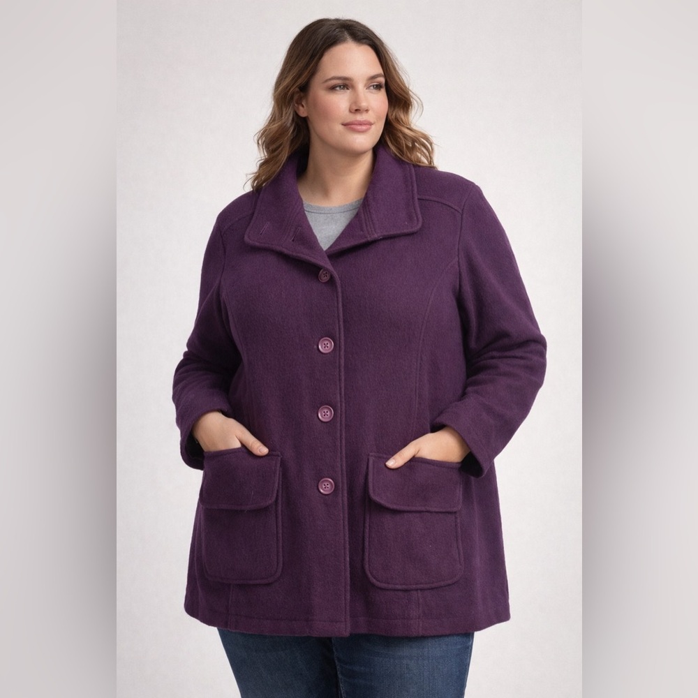 L.L. Bean 100% Wool Coat Womens 3X Purple Plum Button Front Jacket Plus Size - Picture 2 of 8